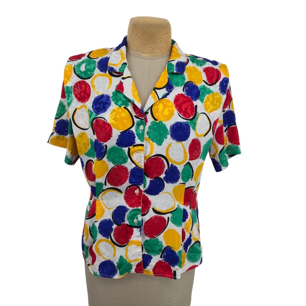 Eva Laurel Blouse Women 10 Colorful Polka Dot Vintage 90s Top Pop Art Dopamine